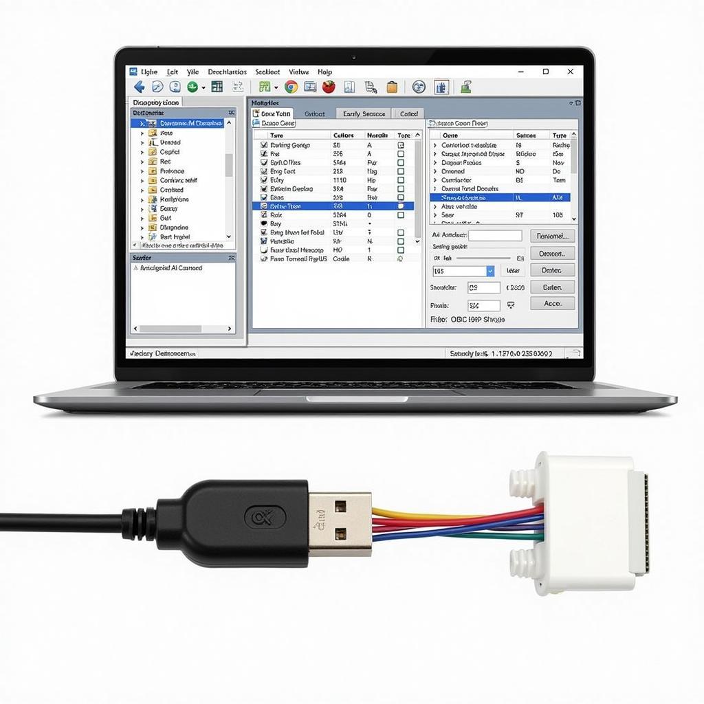 Laptop displaying diagnostic software with USB OBD2 KKL FTDI cable connected