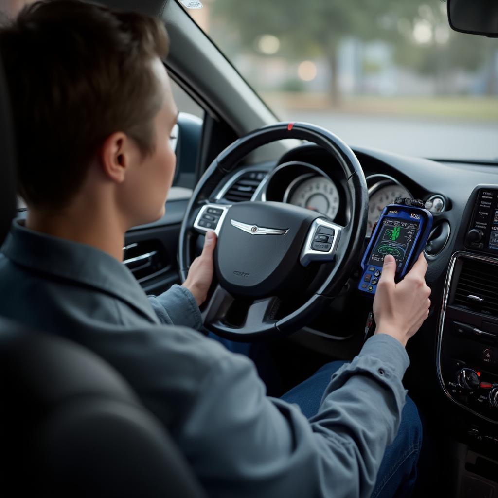 A person using a CReader OBD2 scanner to diagnose a check engine light on a Chrysler Town & Country