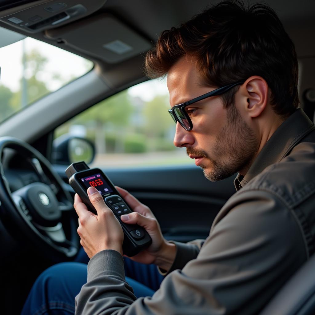 A person using an OBD2 code reader on their car