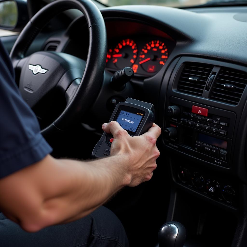 A mechanic uses an OBD2 scanner on a 2002 Chrysler Sebring to diagnose a check engine light issue.