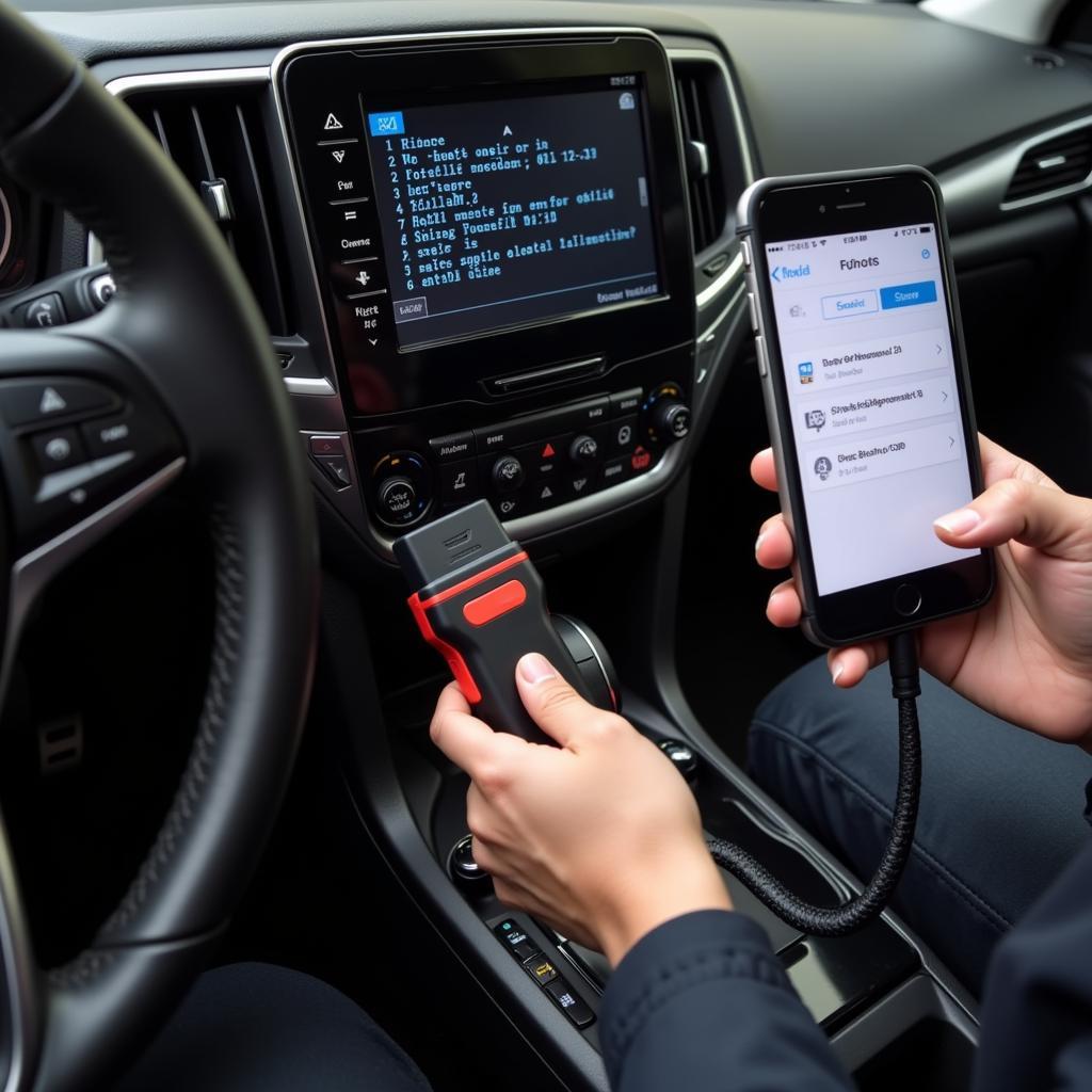 A person using a Japanese car OBD2 scanner to diagnose car problems