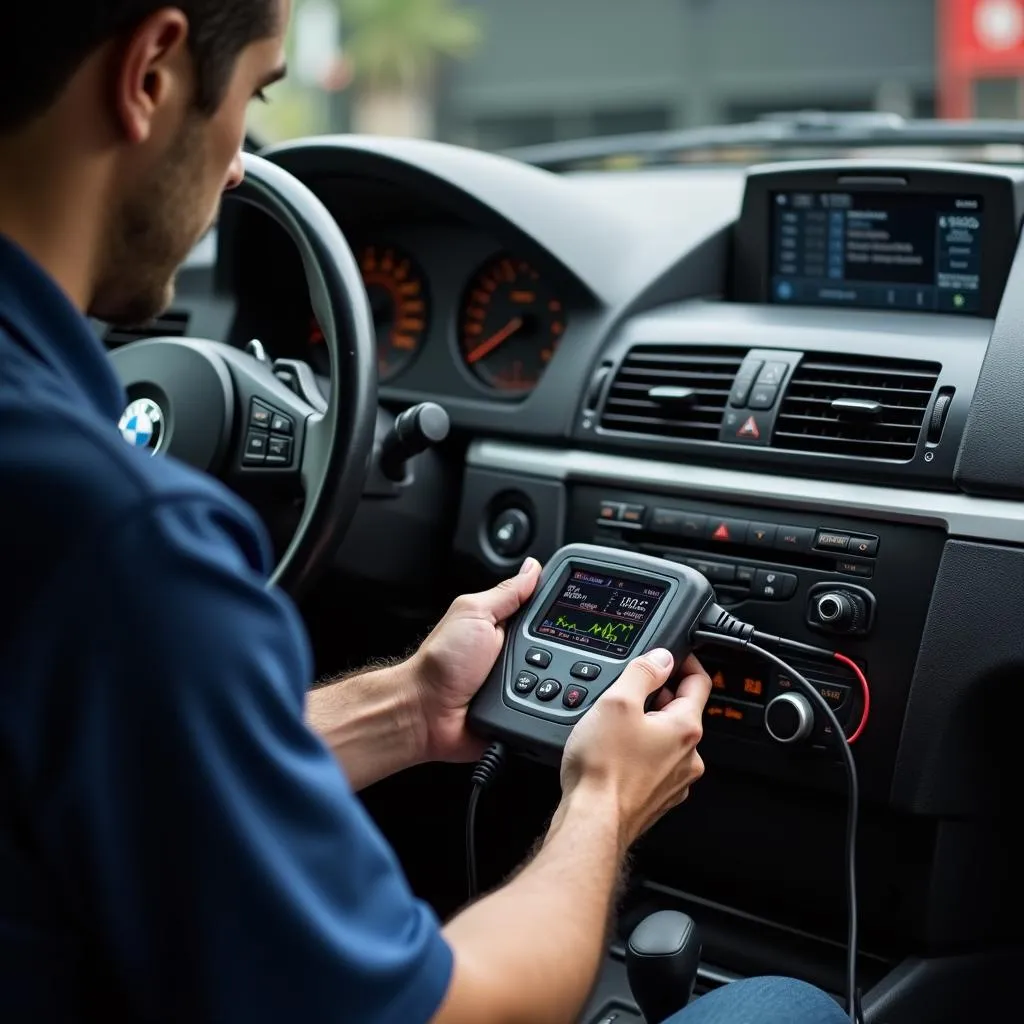 Mechanic Using an OBD2 Scanner on a 2006 BMW 325i