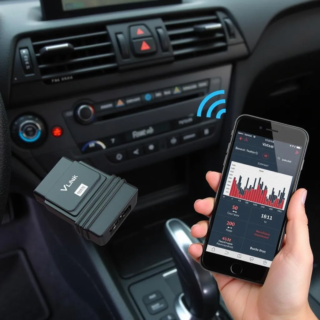 Smartphone connected to V Link OBD2 Bluetooth scanner