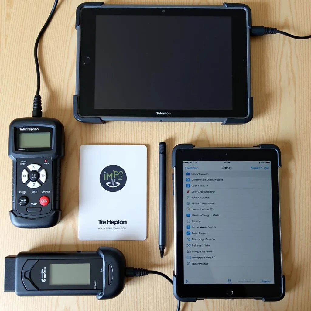 Different models of OBD2 scanners displayed on a table alongside an iPad