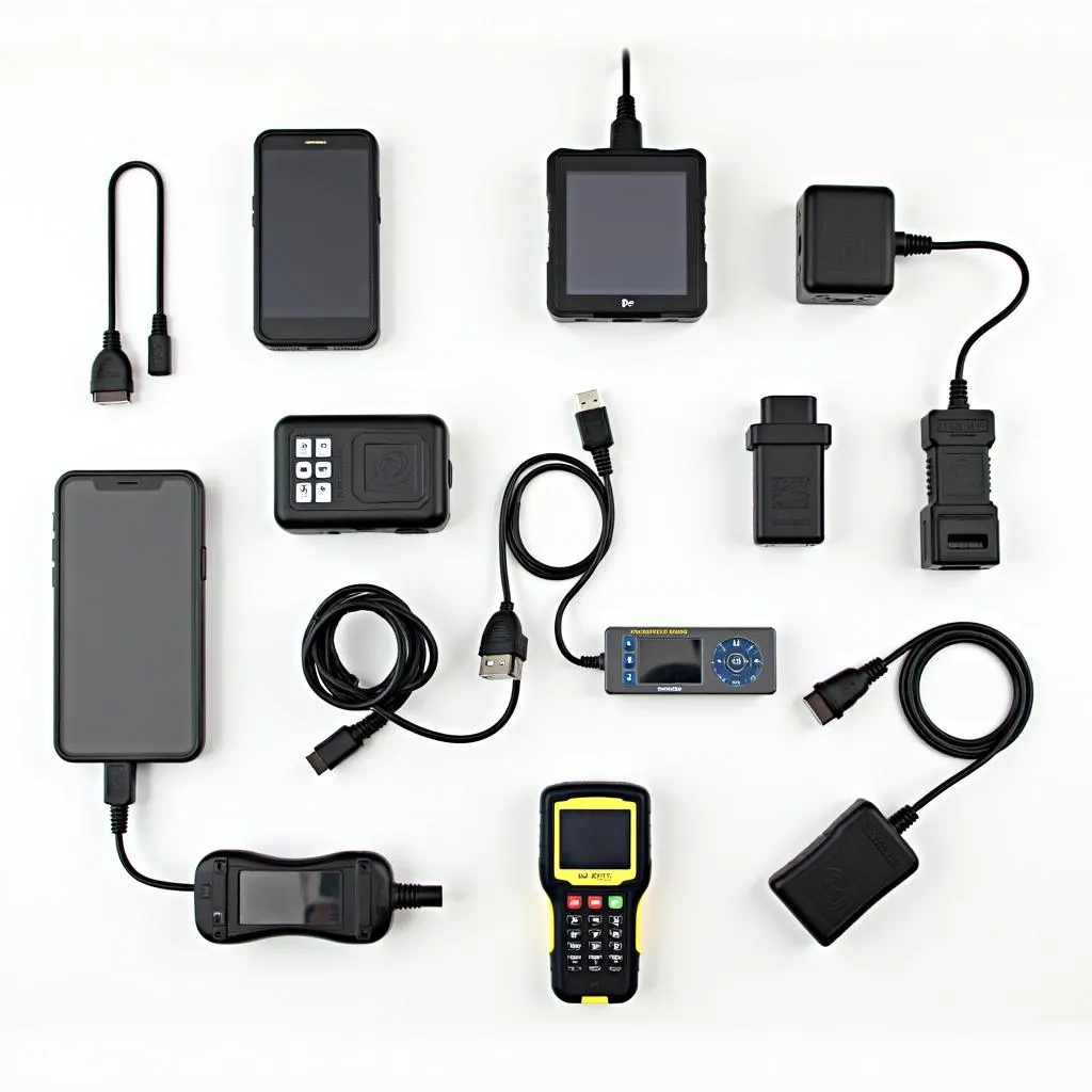 Different models of OBD2 scanners arranged on a table