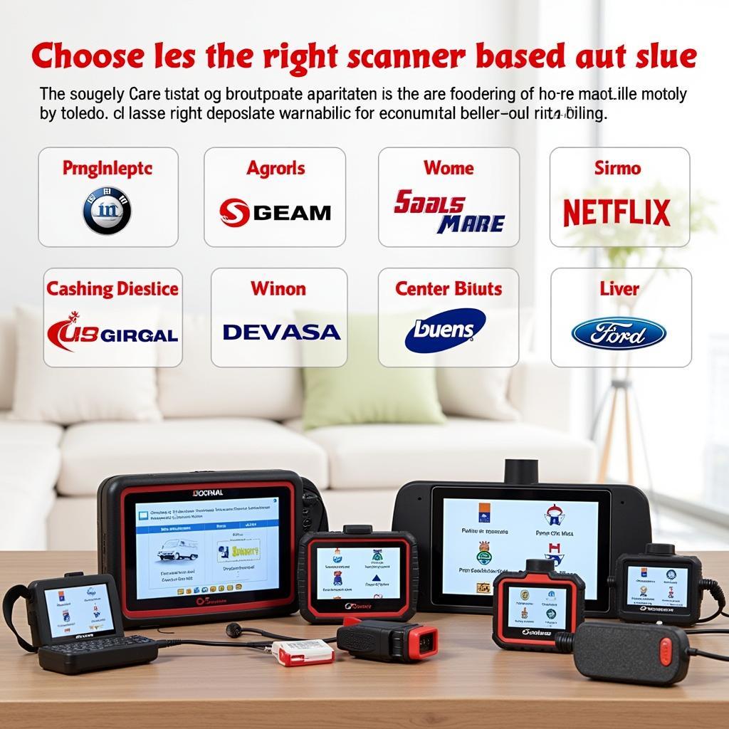 Different types of OBD2 scanners displayed on a table