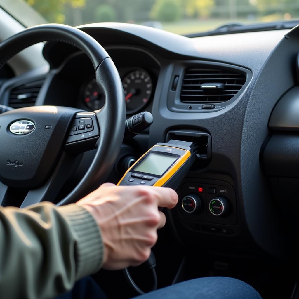 Car owner using an OBD2 scanner during a Virginia safety inspection