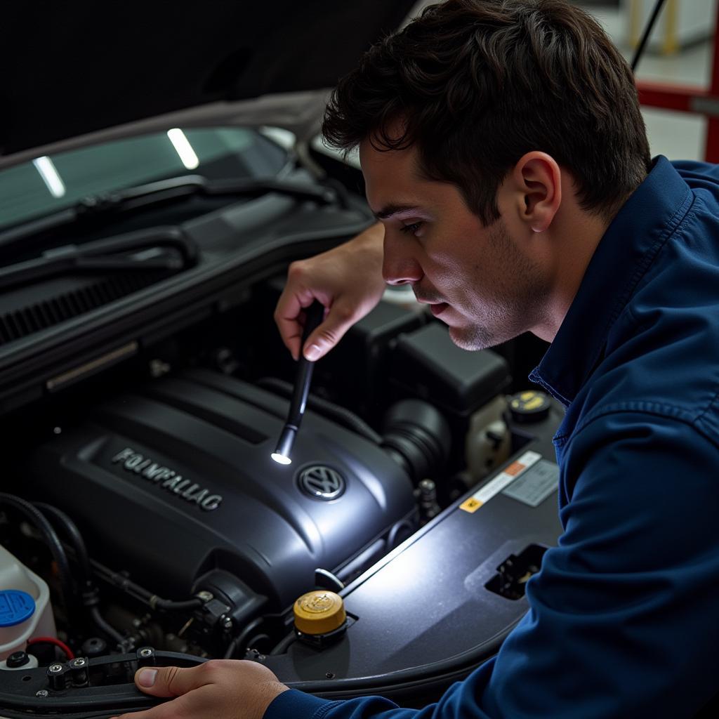 Mechanic inspecting a Volkswagen engine bay