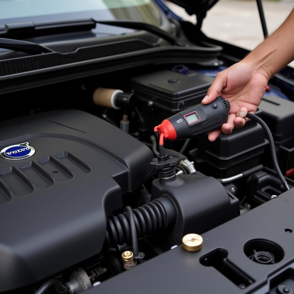 Volvo car engine compartment with a mechanic's hand using a diagnostic tool