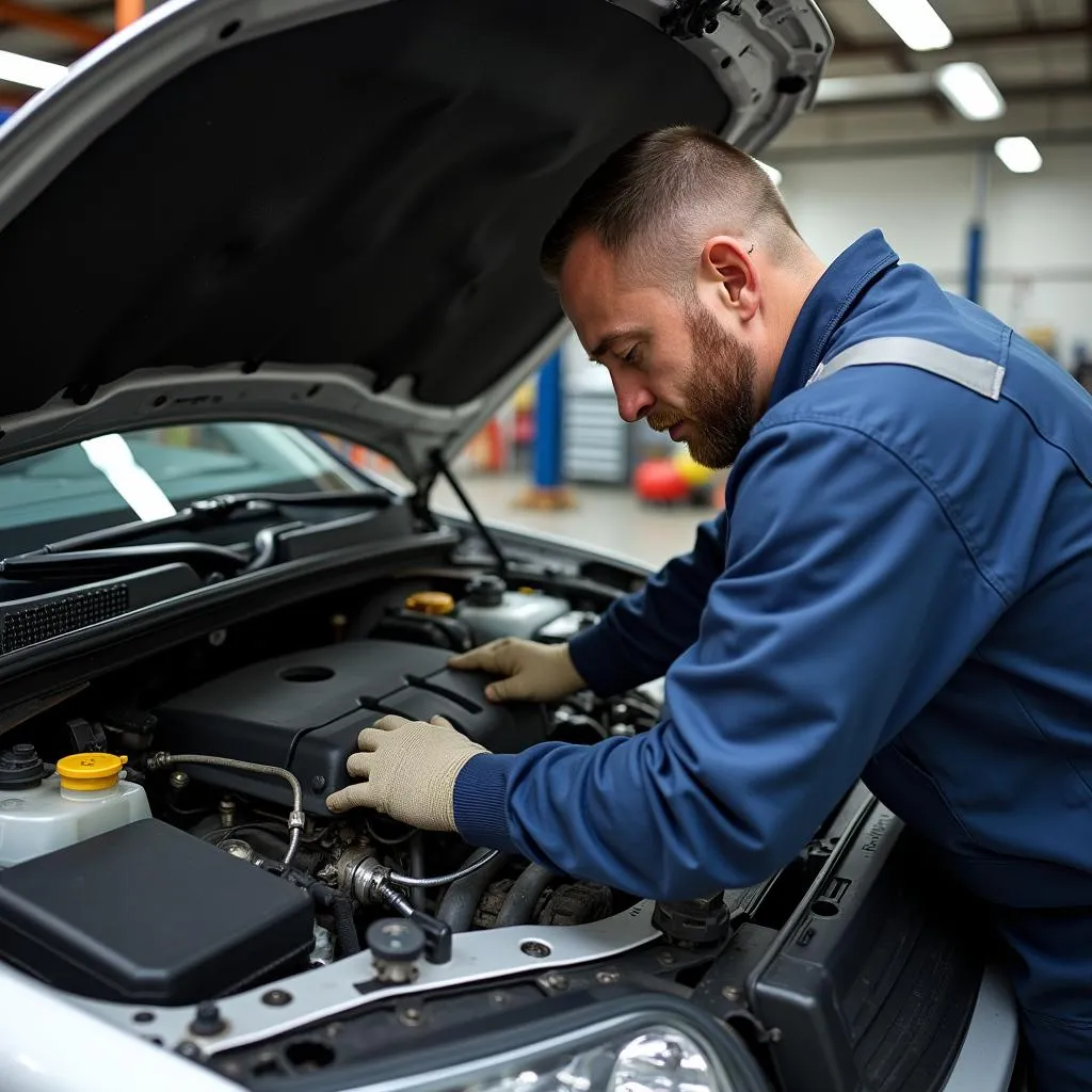 Volvo S70 Undergoing Repair by a Mechanic