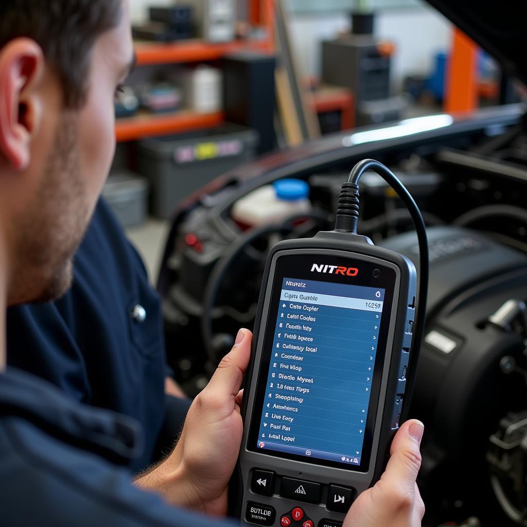 Mechanic using a Nitro OBD2 scanner to diagnose a VW TDI engine