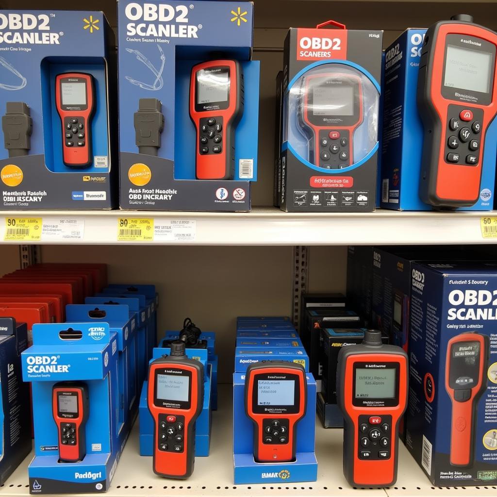 Various Bluetooth OBD2 scanners on Walmart shelves