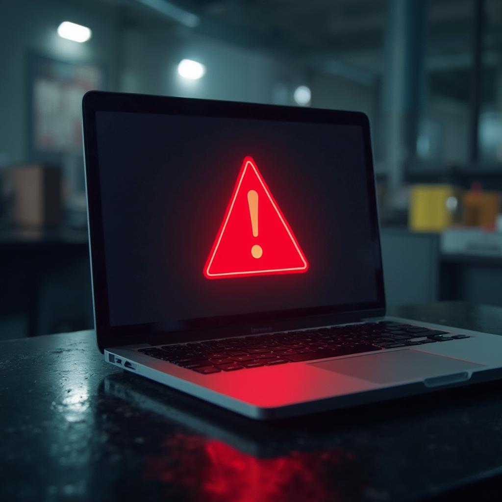 Laptop screen displaying a warning sign