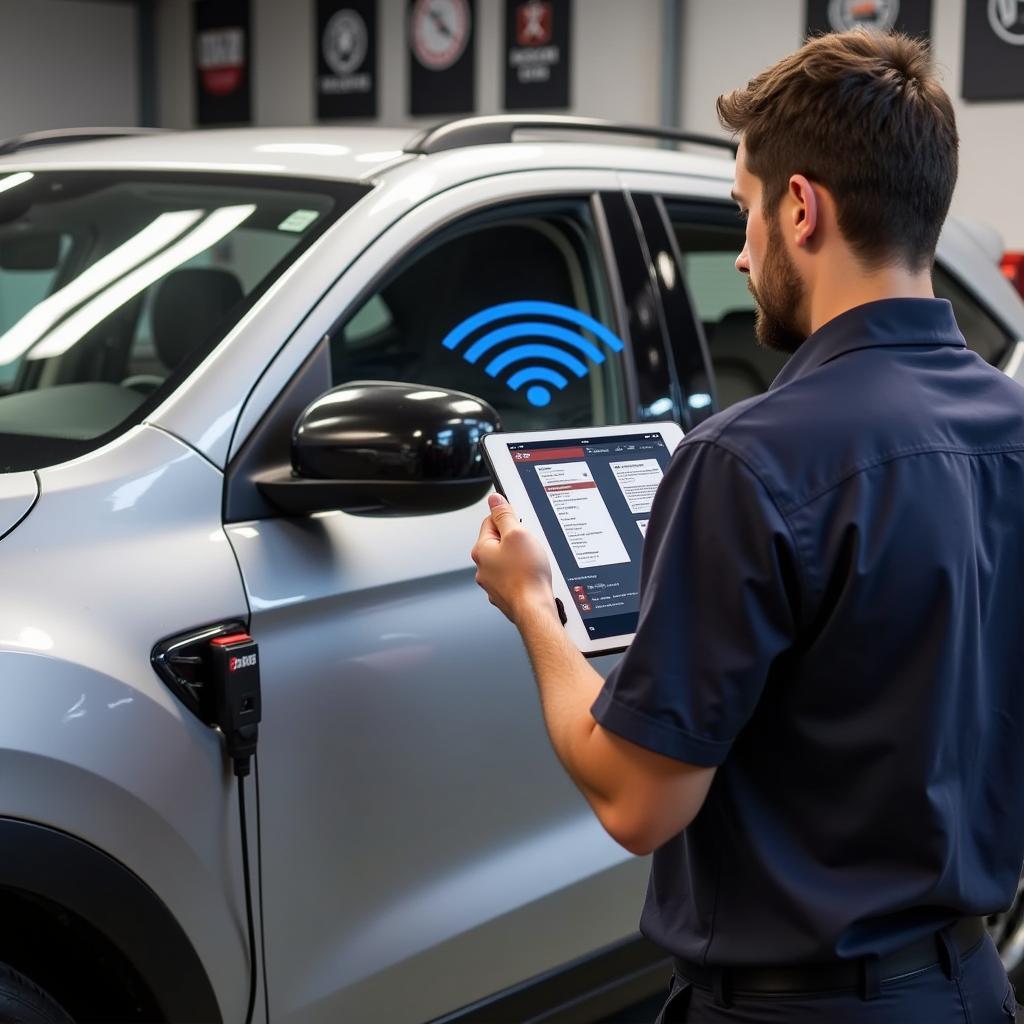 Mechanic using WiFi OBD2 scanner with a tablet