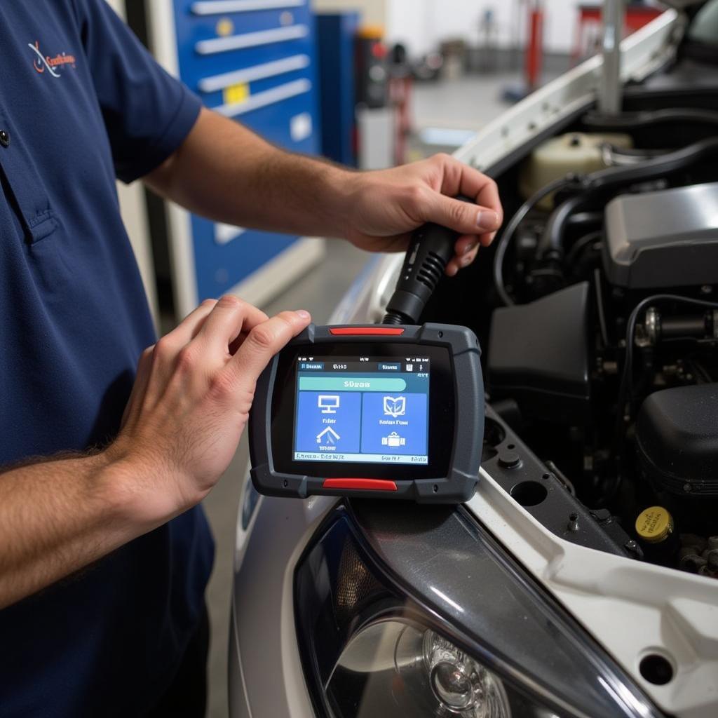 A mechanic using the XTOOL U480 OBD2 scanner to diagnose a car engine.