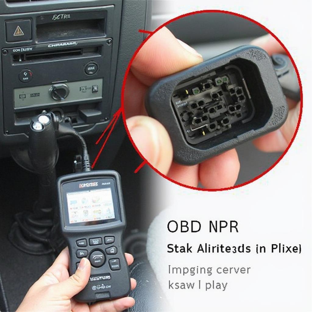 OBD2 connector and scanner plugged into the port of a 1997 Isuzu NPR.