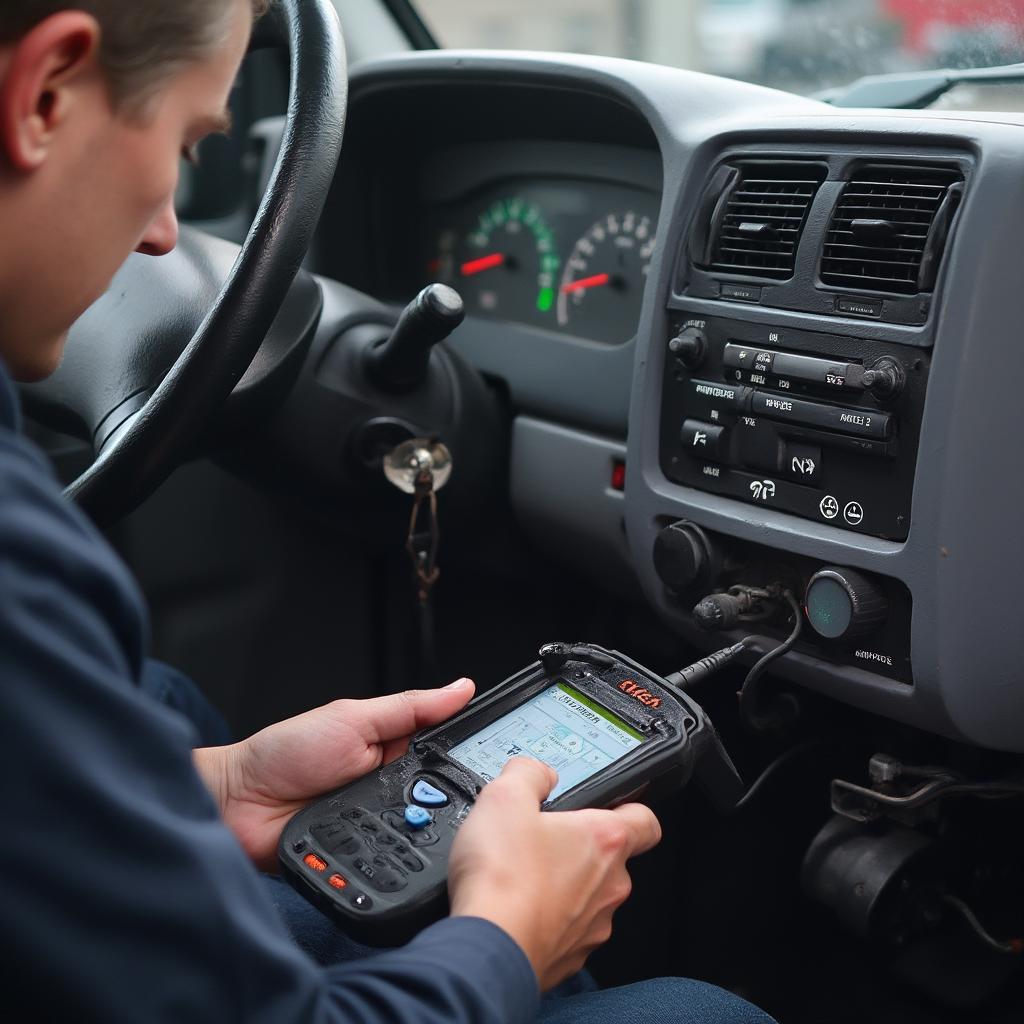 Mechanic using diagnostic tools connected to the OBD2 port of a 1997 Isuzu NPR.