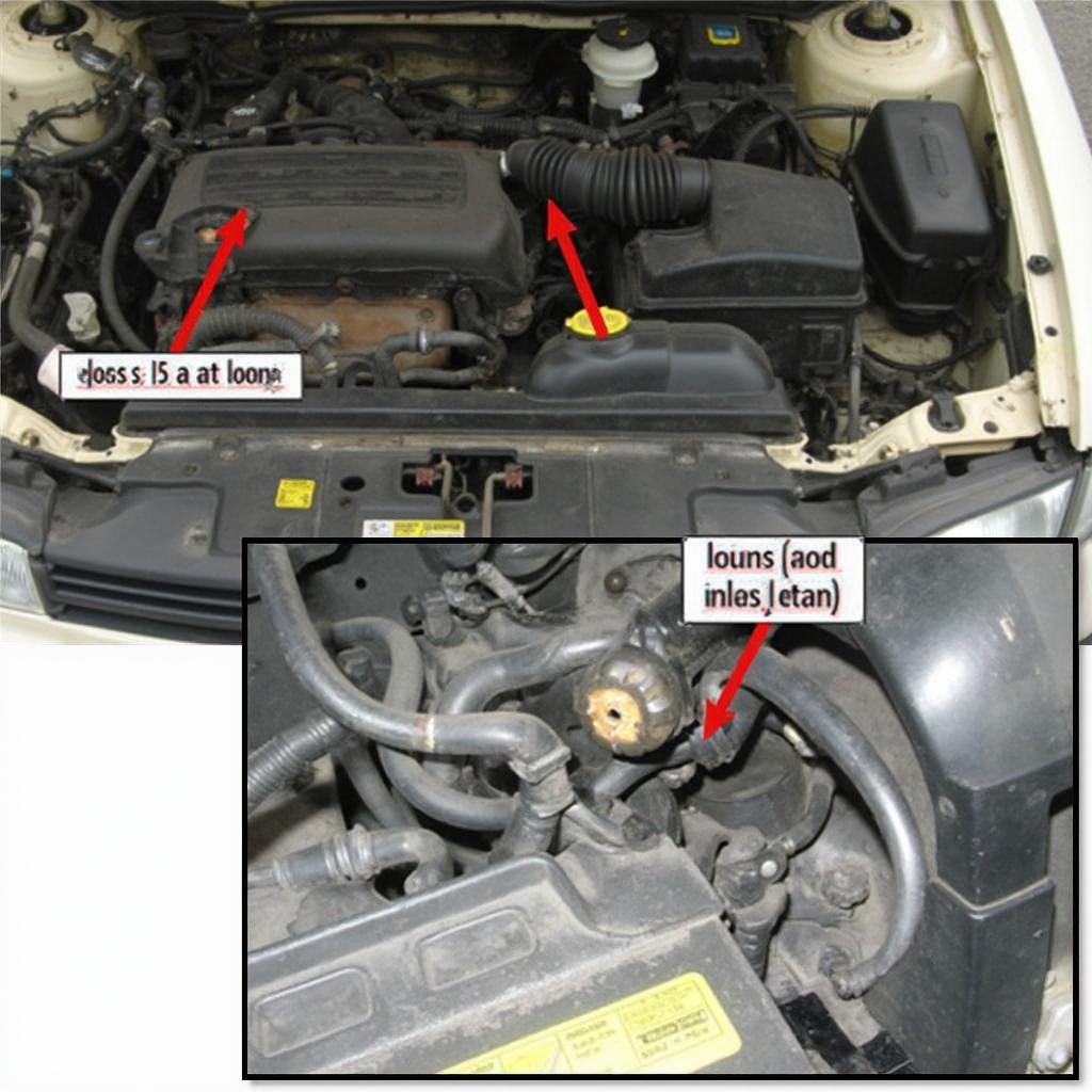 The engine bay of a 1997 Toyota Corolla with the location of the IAT sensor highlighted and a close-up view of the wiring connector.