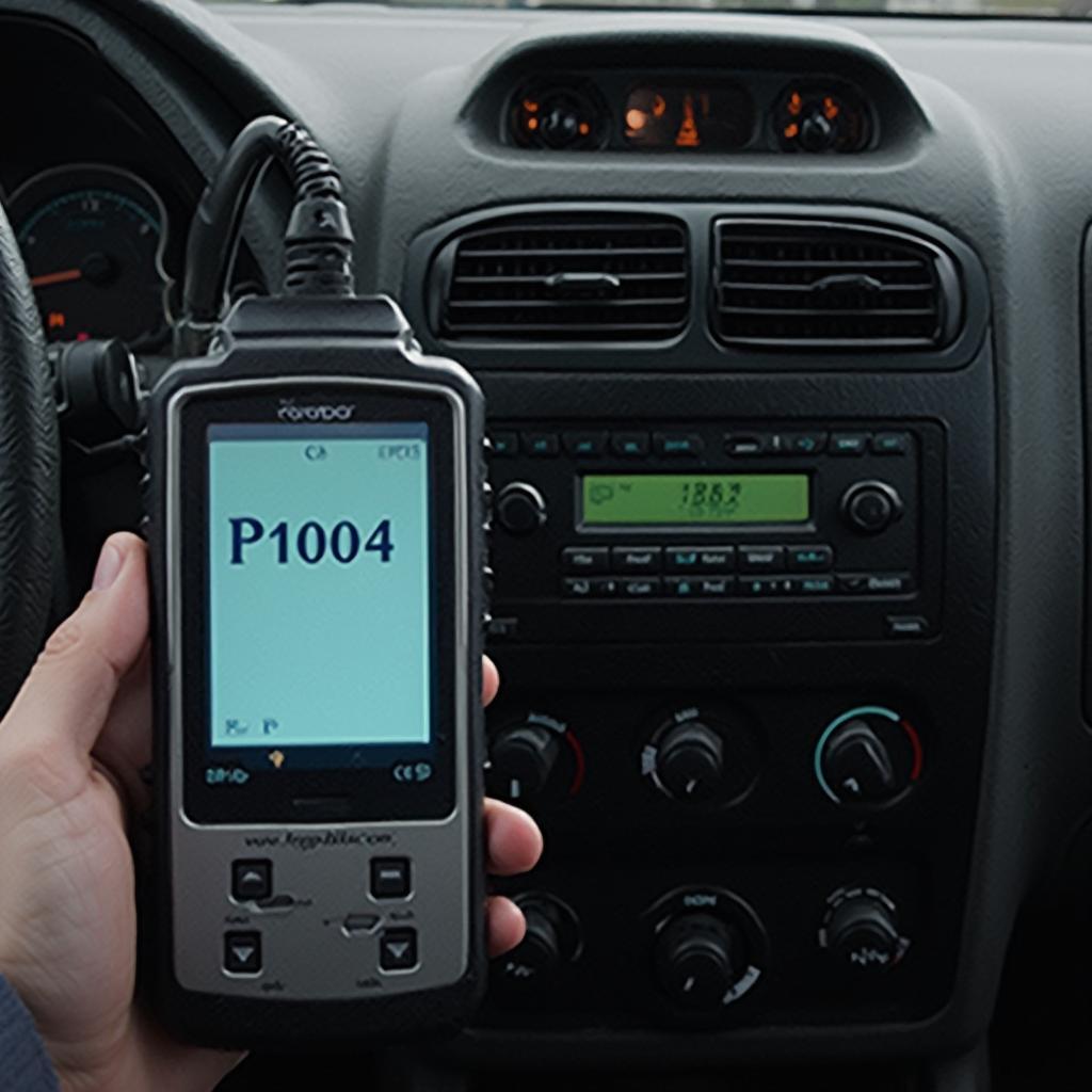 Mechanic Using OBD2 Scanner on 2004 Chevy Trailblazer Displaying P1004 Code