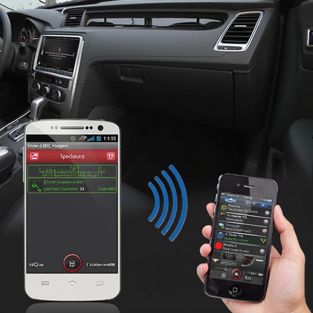 2014 vgate vs890 OBD2 scanner plugged into a car's OBD2 port and connected to a smartphone via Bluetooth.