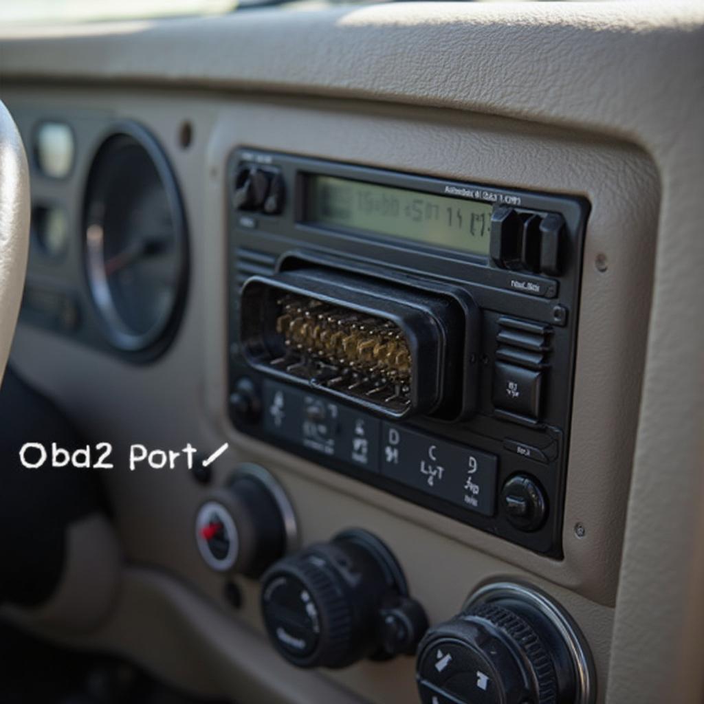 2016 Peterbilt OBD2 Port Location -  A close-up view of the OBD2 port in a 2016 Peterbilt truck, highlighting its 16-pin configuration and surrounding area.