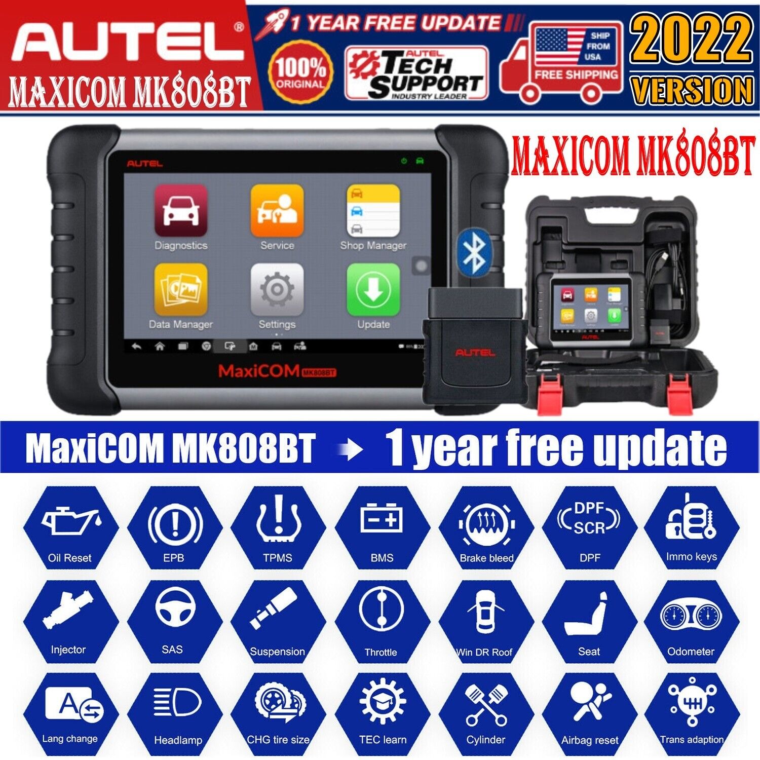 2022 Autel MK808BT Auto Diagnostic Scan Tool OBD2 Scanner Code Reader All System