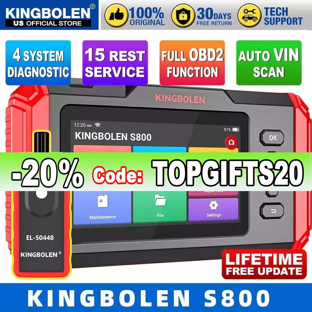 2024 KINGBOLEN S800 OBD2 Scanner Code Reader Diagnostic Scan Tool Engine ABS SRS