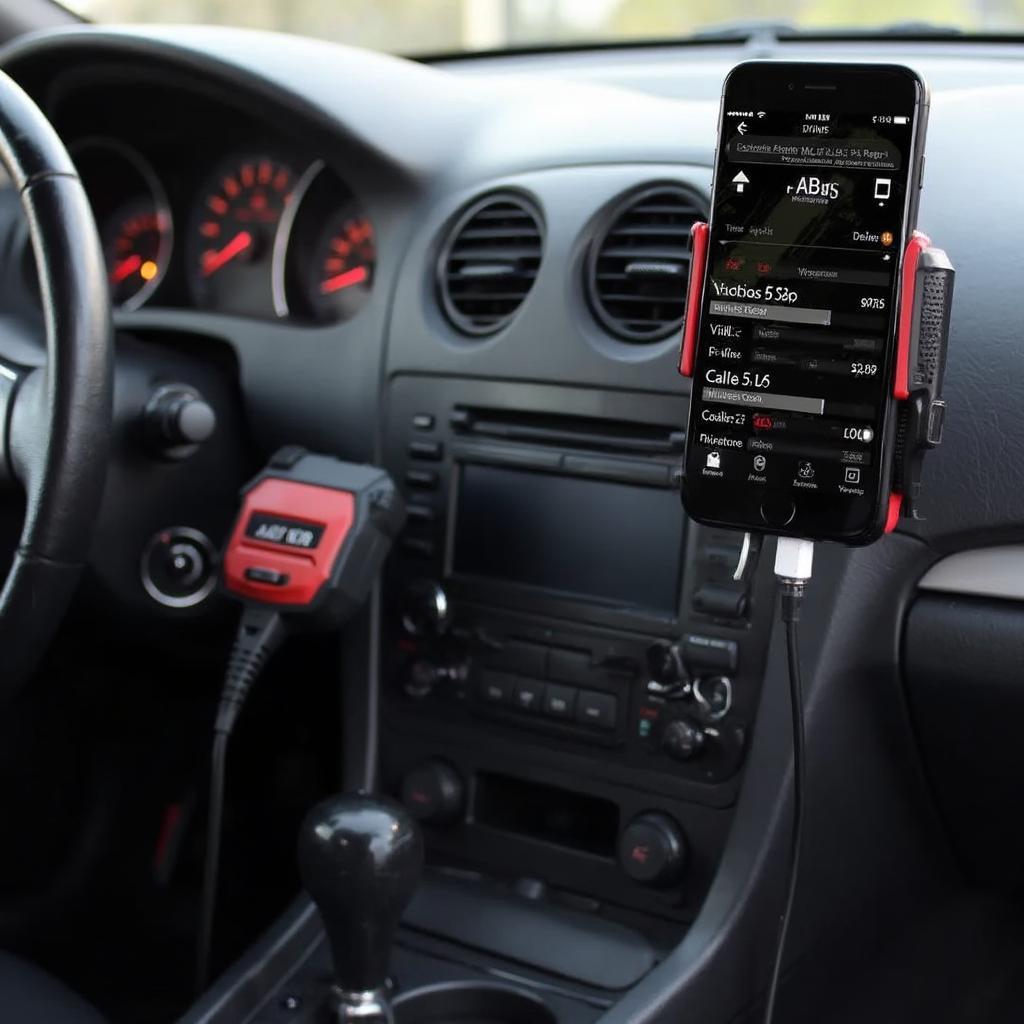 An OBD2 scanner plugged into a car's diagnostic port, with a phone displaying the ABS OBD2 app interface.