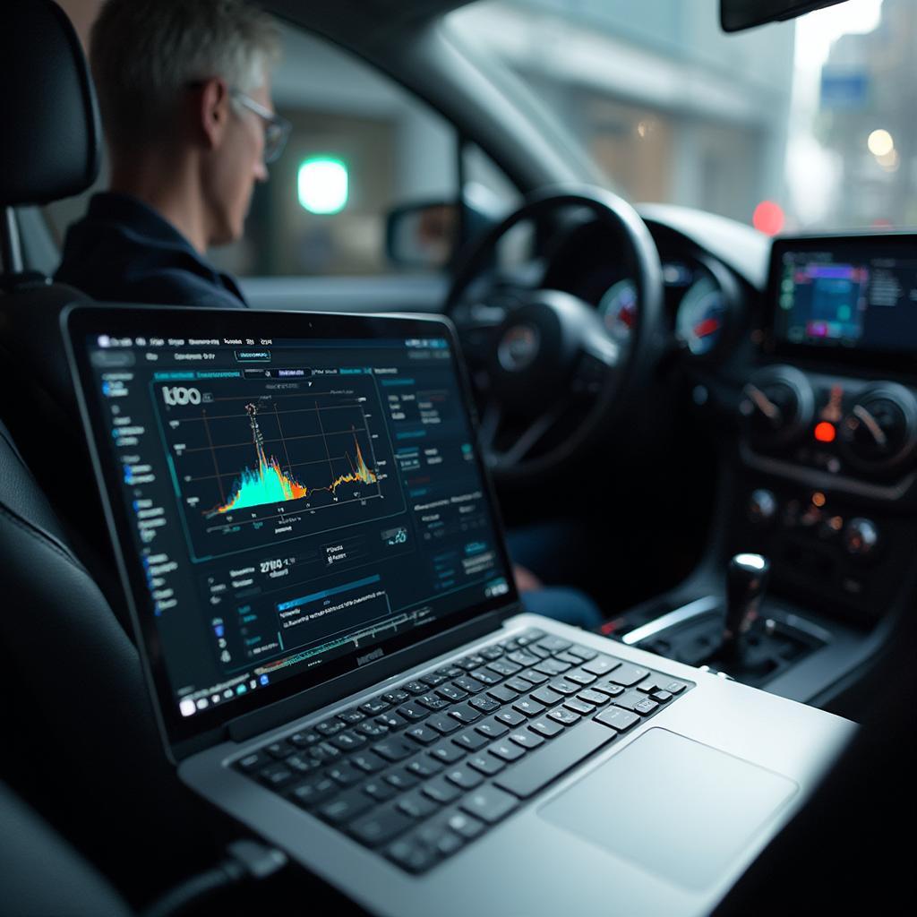 A laptop displaying advanced diagnostic software connected to a smart car.