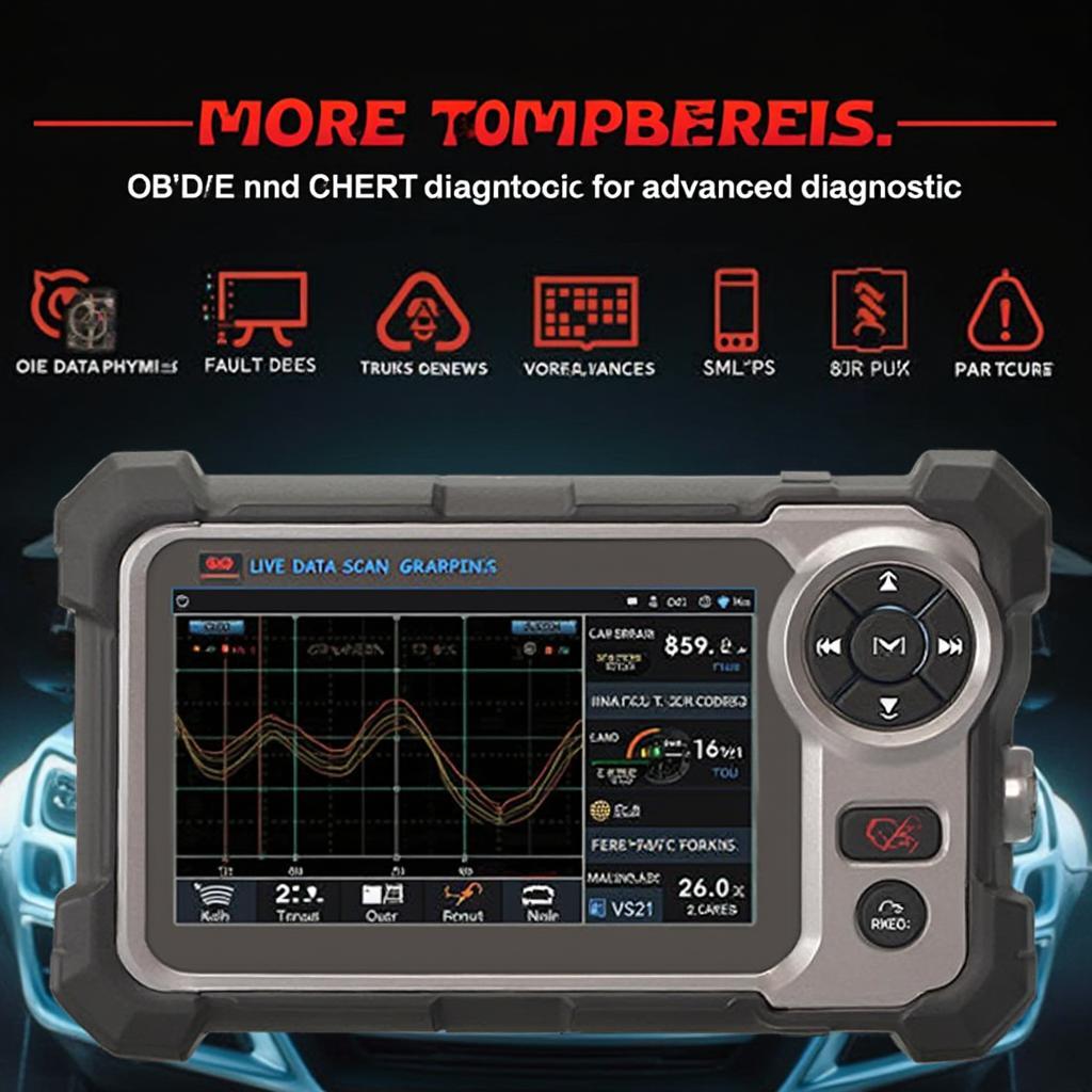 An advanced OBD2 scan tool displaying various diagnostic features and data on its screen.