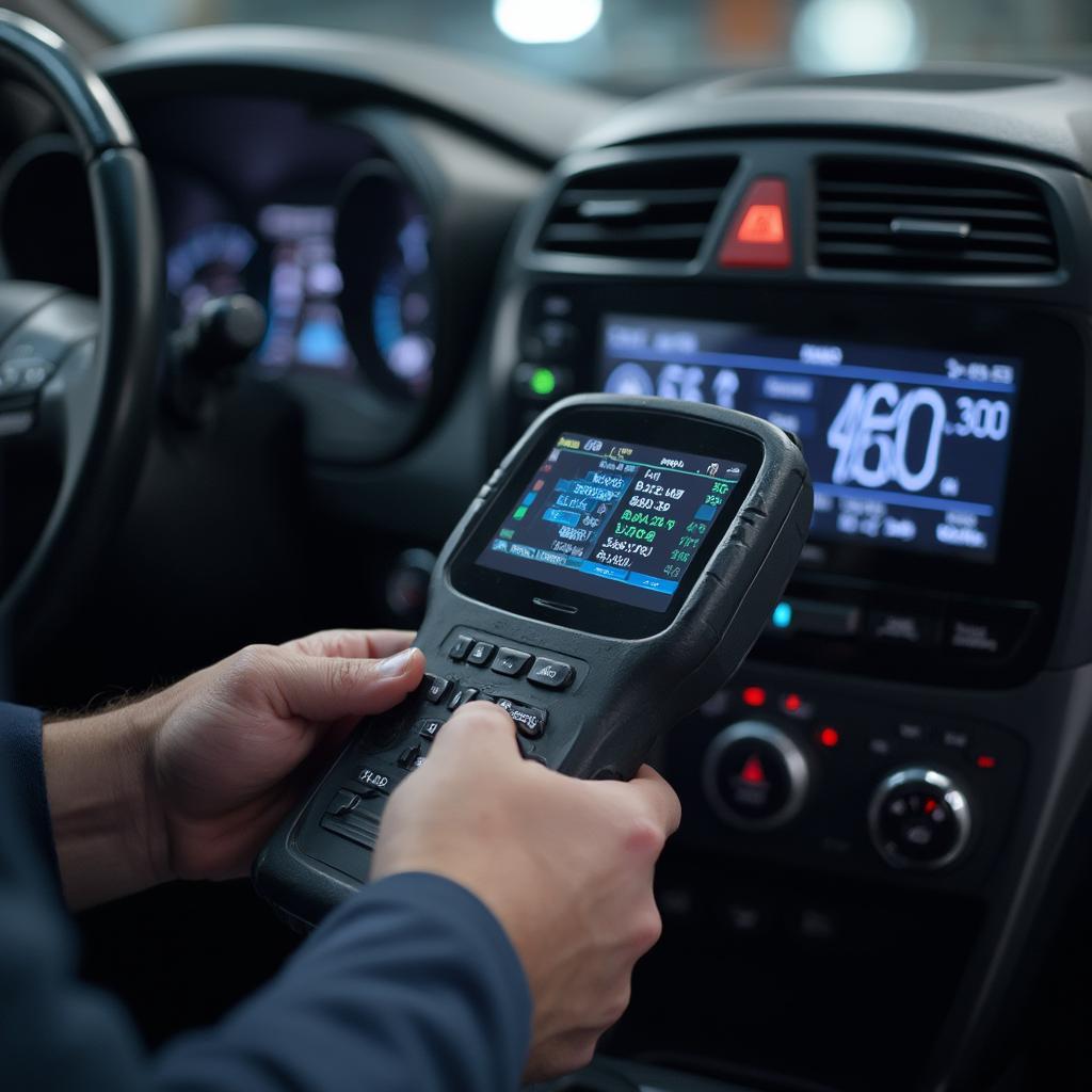 Mechanic using an advanced OBD2 scanner on a Hyundai, showing live data on the screen.