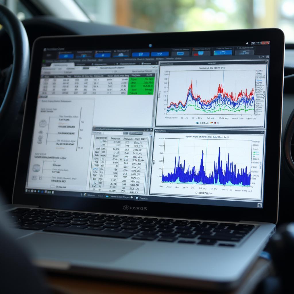 Laptop screen displaying advanced diagnostic software analyzing data from a Prius connected via an OBD2 adapter.