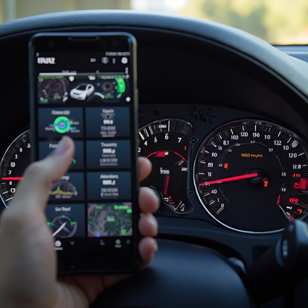 Android phone displaying an OBD2 app dashboard