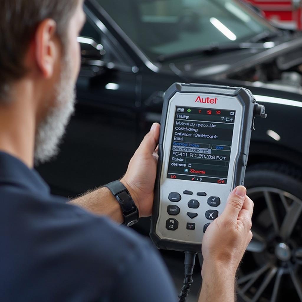 Autel HT200 Hyper Tough OBD2 Scanner being used by a mechanic to diagnose a car