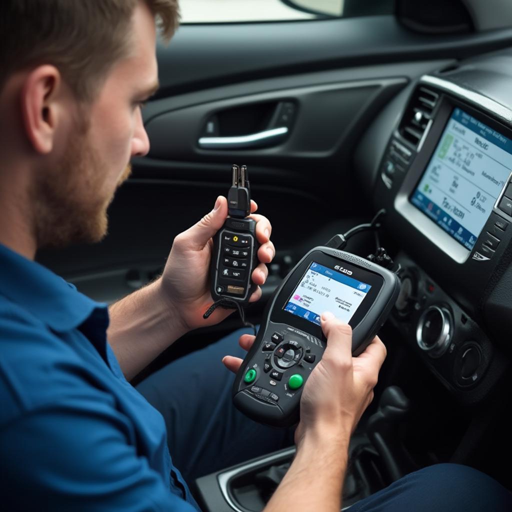 Automotive Locksmith Programming a Car Key using Specialized Equipment