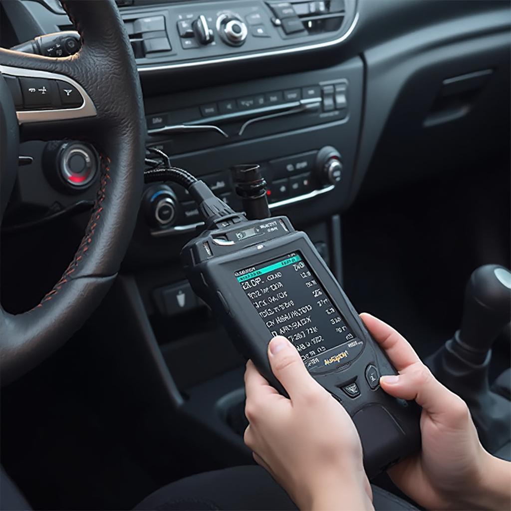 Autophix OM126 connected to a car's OBD2 port