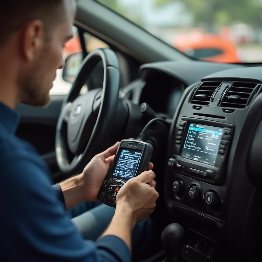 AutoZone employee using an OBD2 scanner on a vehicle