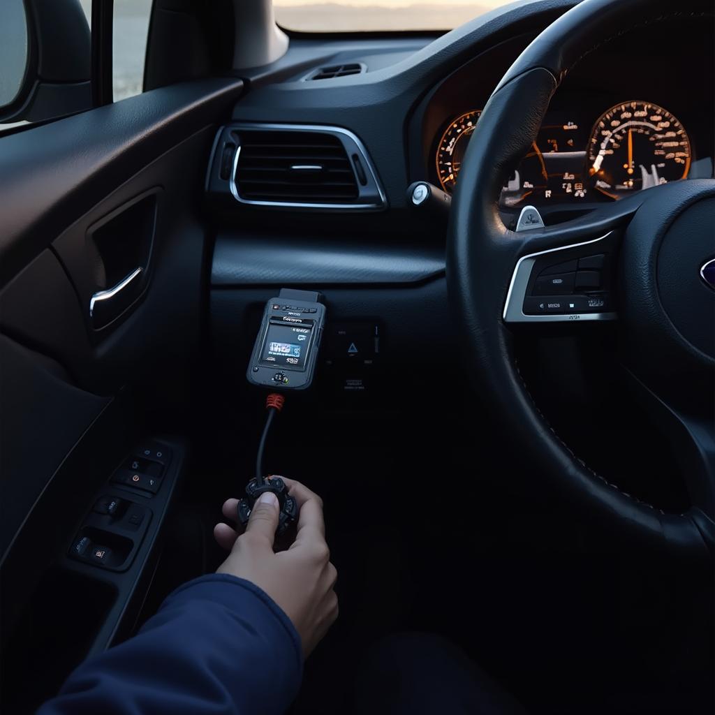 BAFX OBD2 Scanner connected to a Subaru dashboard