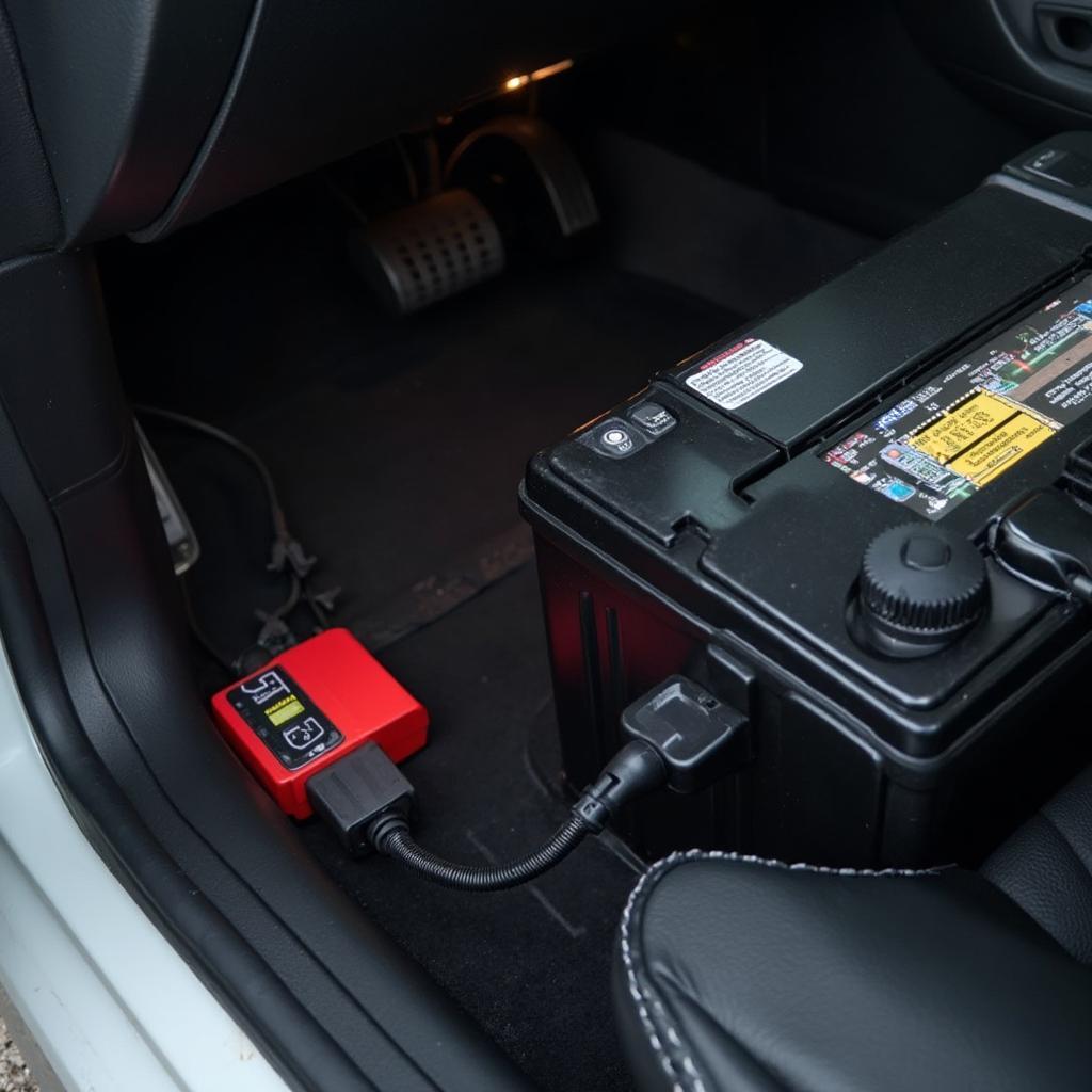 Battery Charger Connected to Car Battery with OBD2 Memory Saver