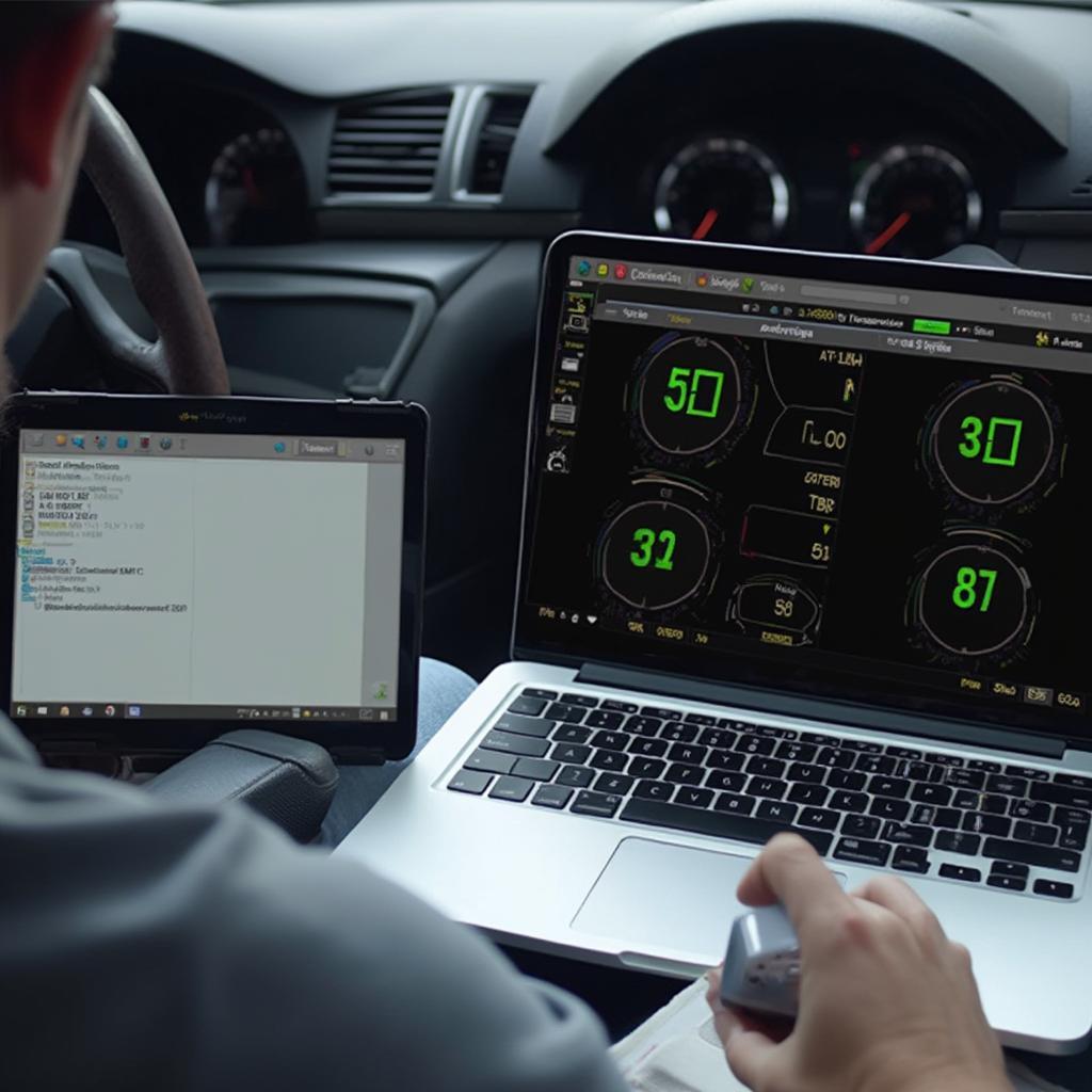 Best Bluetooth OBD2 Software for PC connected to a car's OBD2 port via a Bluetooth adapter, displaying real-time engine data on the laptop screen.