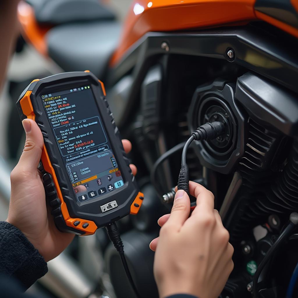 A motorcyclist using an OBD2 scanner on their bike, checking diagnostics and troubleshooting issues