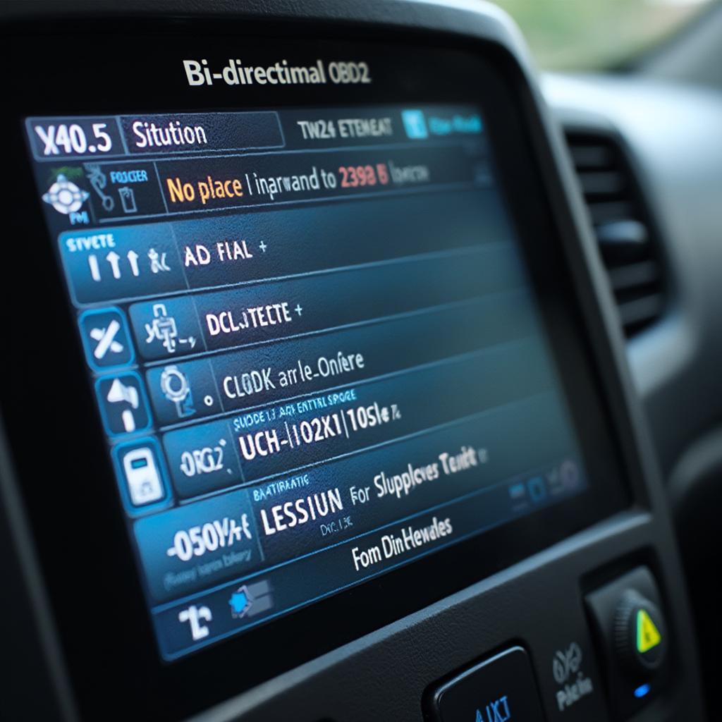 Close-up of a bi-directional OBD2 scanner displaying live data and diagnostic options.