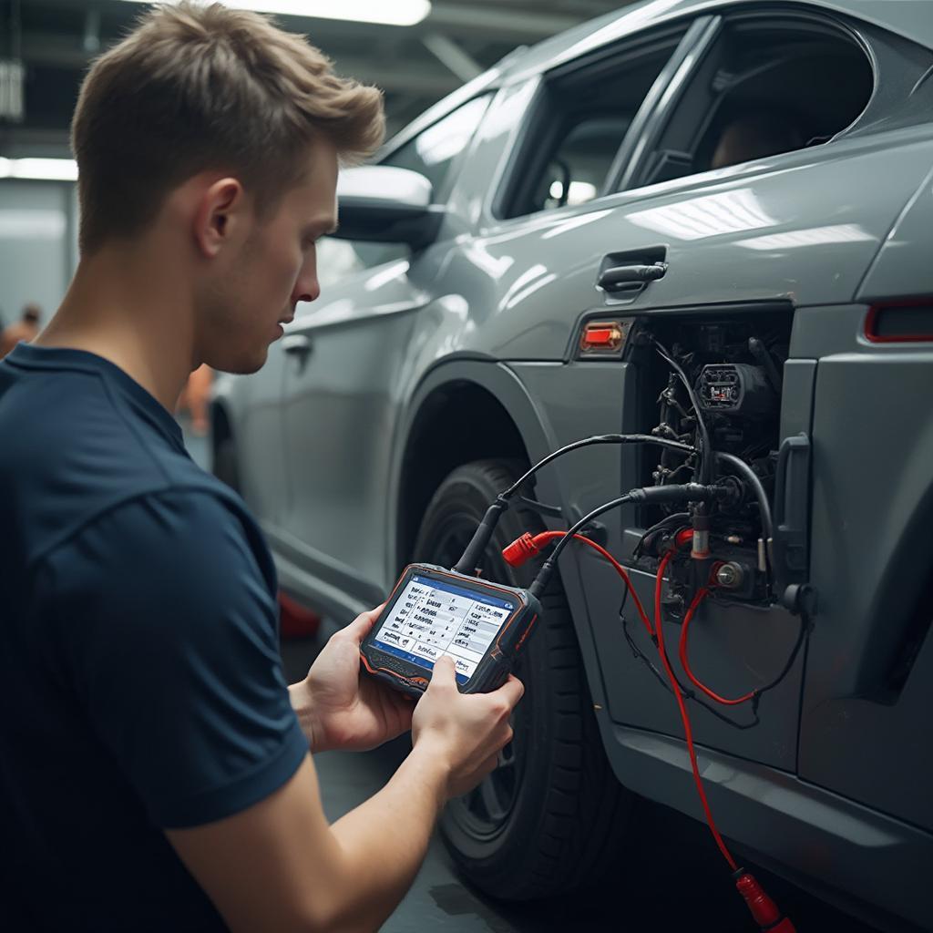 A mechanic using a bidirectional OBD2 scanner to diagnose a car's engine