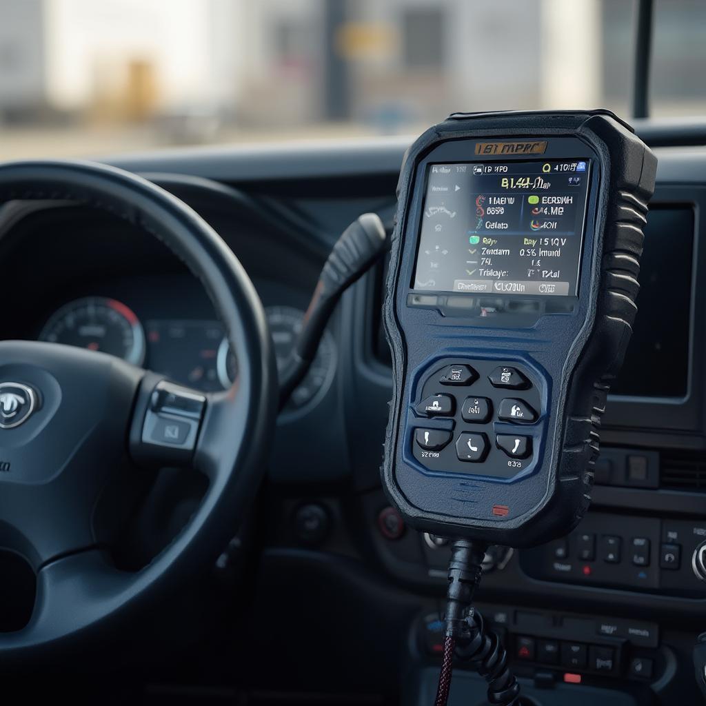 BlueDriver OBD2 Scanner connected to a diesel truck's diagnostic port