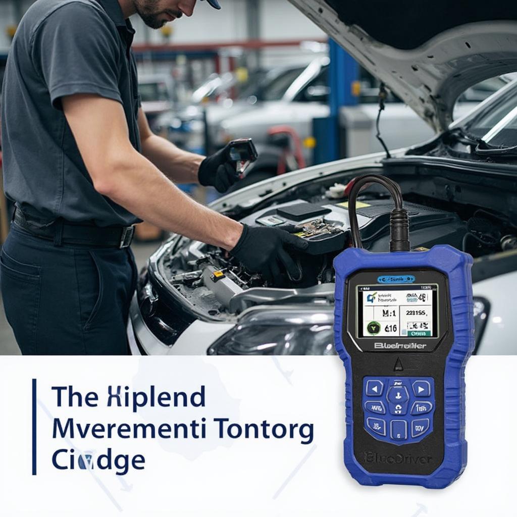 Mechanic using Bluedriver OBD2 scanner for transmission diagnostics.