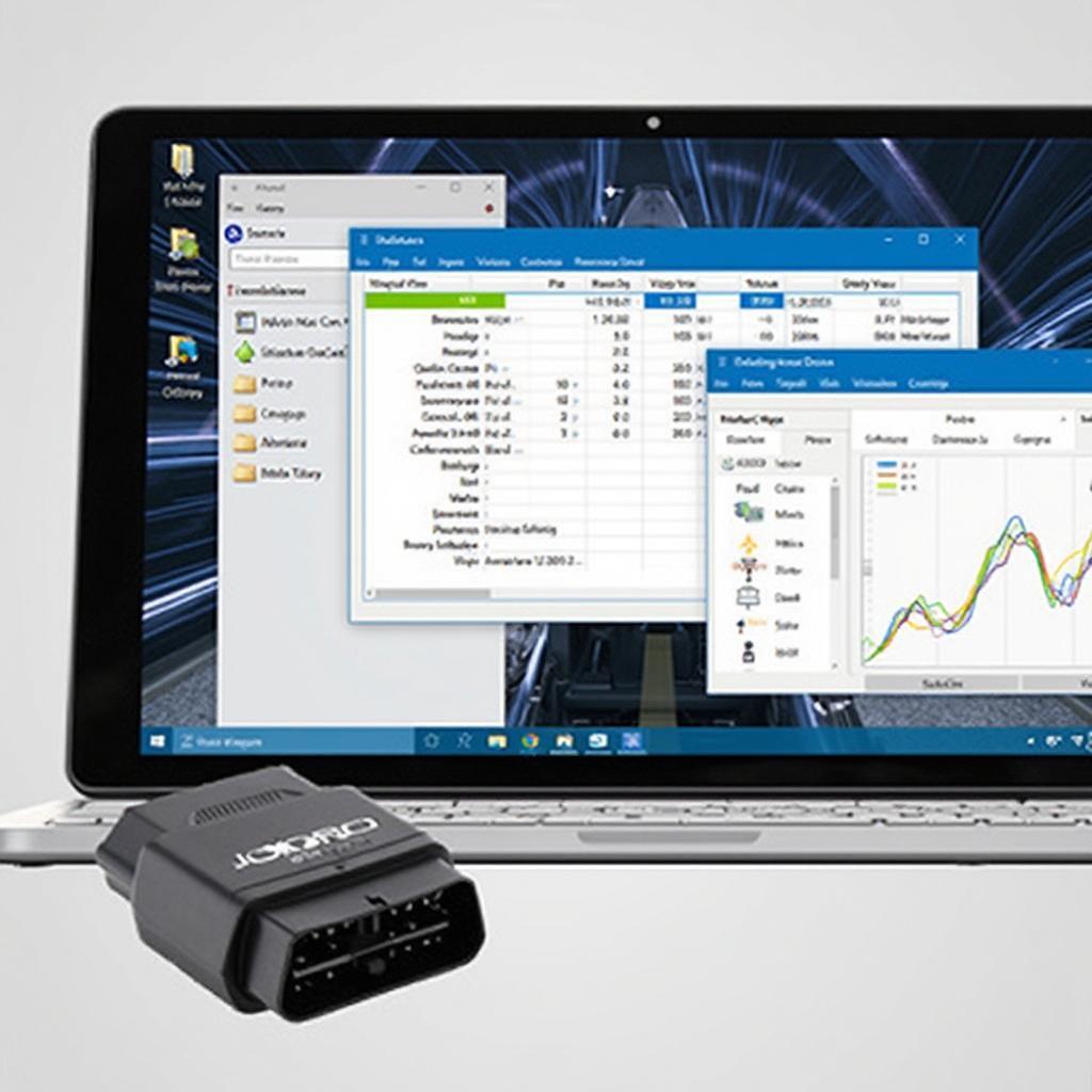 Bluetooth OBD2 adapter connected wirelessly to a Windows 10 tablet