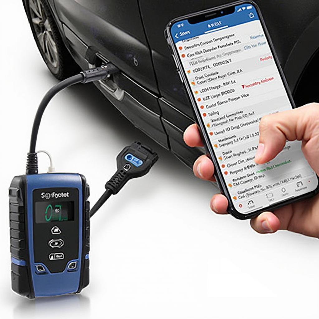 Bluetooth OBD2 Scanner Connected to Smartphone Displaying Diagnostic Information