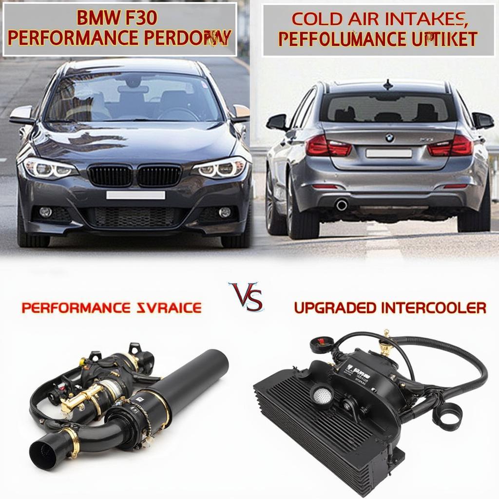 Various performance upgrades for the BMW F30, including exhaust system, intake, and intercooler.