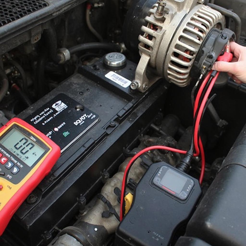 Car battery and alternator being checked with a multimeter and OBD2 scanner, showing the proper voltage readings.