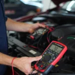 Car Battery Health Check: A mechanic using a multimeter to test the voltage of a car battery, an essential step in diagnosing battery problems.